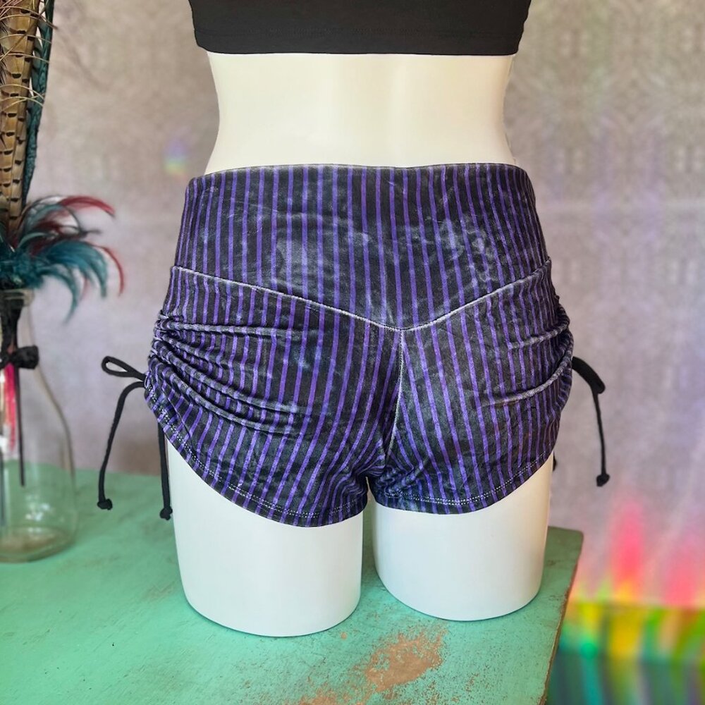 High-Waist Purple Striped Women’s Shorts - Picture 3 of 5